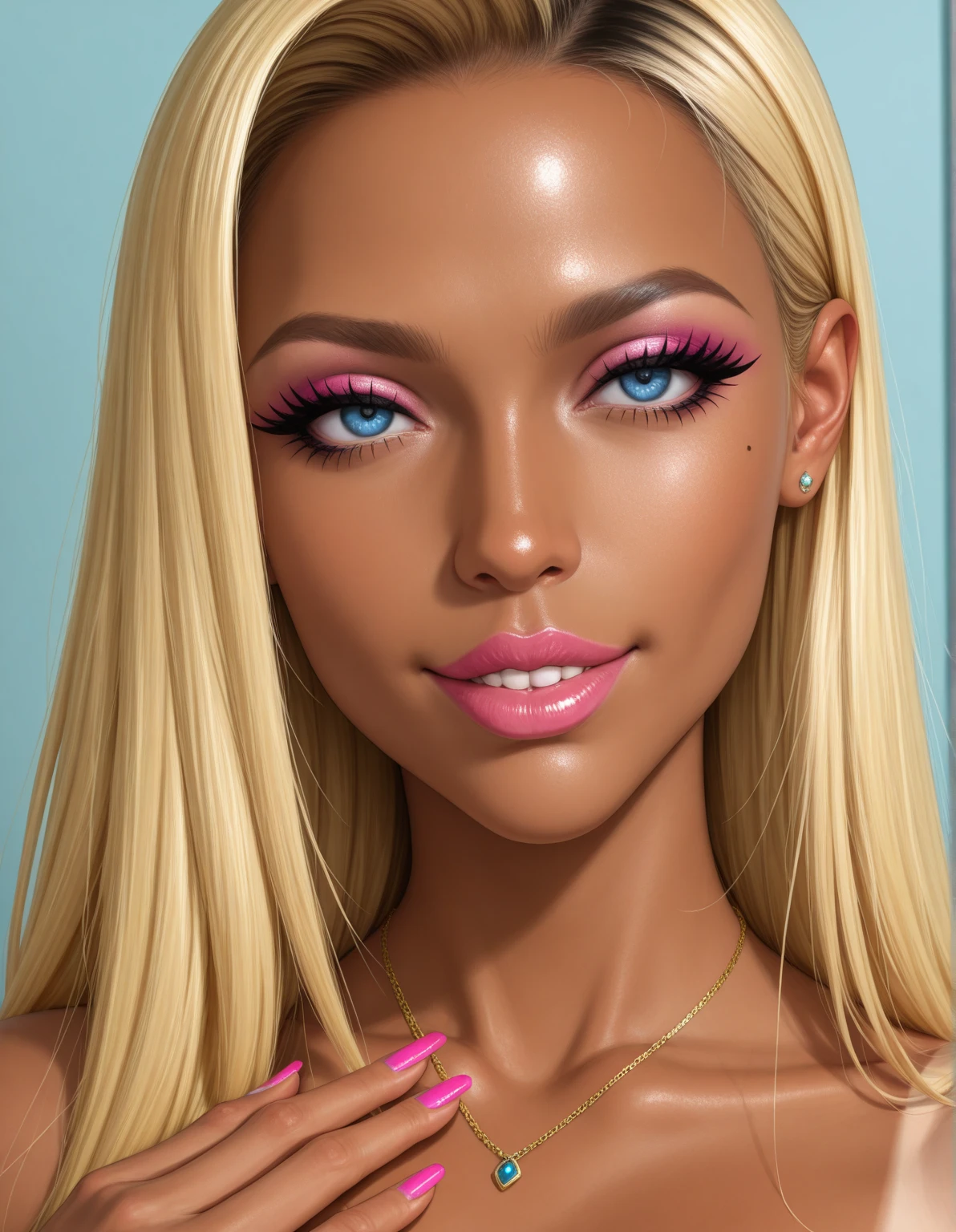 8k, a cartoon picture of a woman with long blonde hair and a pink dress, blonde - haired princess, lola bunny fanart, inspired by Tina Blondell, her skin is light brown, long blonde hair and large eyes, she has olive brown skin, cartoon artstyle, inspired by Alexis Simon Belle, disney character, long blonde hair and big eyes, disney art style