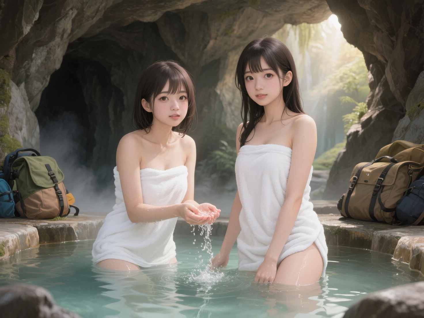 最high quality、high quality、best image quality、8K、最High resolution、High resolution、最high quality、masterpiece、Realistic human body in every detail、Realistic skin in every detail、Realistic face in every detail、Realistic eyes down to the details、Realistic lips in every detail、Realistic teeth in every detail、Realistic ears down to the last detail、Realistic hair down to the last detail、Realistic arms down to the last detail、Realistic reproduction of every detail、Realistic fingers in every detail、(fine hands、thumb1reference4)、Realistic feet in every detail、((beautiful japanese girl))、(japanese model), (japanese woman)、((18 year old beautiful girl))、(black hair)、(random hairstyle)、((whole body))、((beautiful upturned chest))、(slim style、slender style)、(whole body光沢肌、Fair skin)、((A small white towel is wrapped around the body.))、((thin towel(Her skin is visible through the wet towel))、(soft natural light)、((in the deep forest(Natural hot springs gush out))、((Hot springs surrounded by rocks))、((deep bathtub(deep hot spring))、((Onsen Girls))、((Enter the hot spring))、((A woman warms her body by soaking in a warm hot spring))、((Soak in a hot spring(lie down))、((腰までSoak in a hot spring))、((in hot spring water、Sit with your butt down))、((A large amount of steam is rising from the water in the bathtub.))、((A hot spring with thick steam))、((A lot of steam rises from the hot spring.))