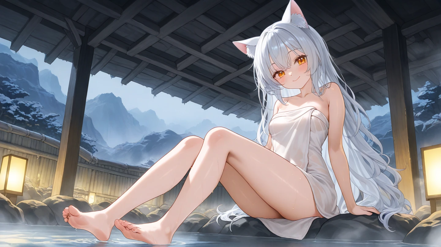 masterpiece、top-quality、1girl in。(bathrobe:1.2), white hair,Red Eyes,(mare:0.8), (Fantastical:0.7),(middlebreasts:1.4), (A smile:0.8),fox ear,salon,wear bra, wear dress,wet clothes,wet hanging,salon, perfect body,((wet clothes:1.3)), perfect breast,((blush on: 1.2)),((fox-tails:1)), perfect big fox-tails, bikini, legwear