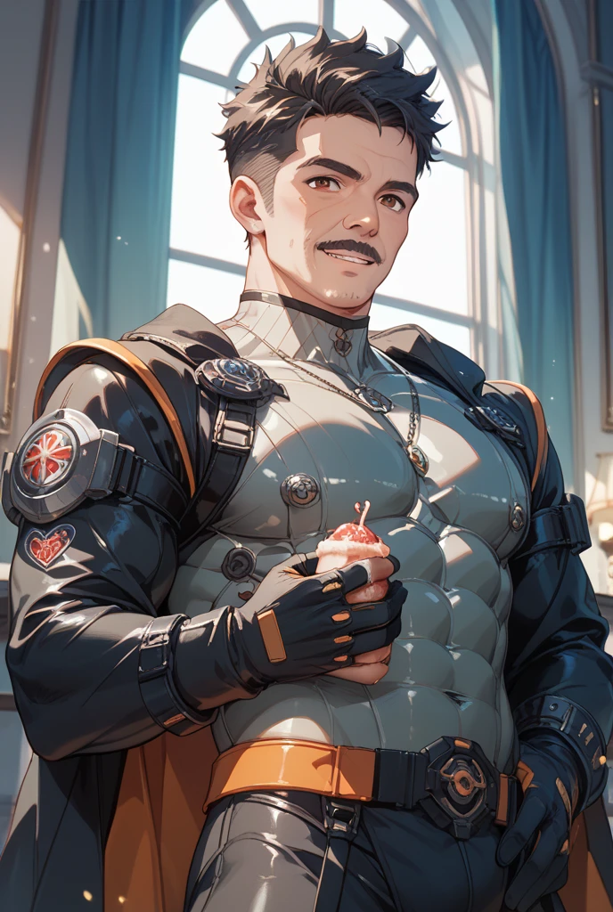 jax briggs, man, metal arms, dark skin, short hair, barechest,latex pants, belt, looking at viewer, smiling, happy, sitting, inside fast food restaurant, holding food, hamburger, soft lighting, high quality, masterpiece, <lora:Jax_briggs:.8>
