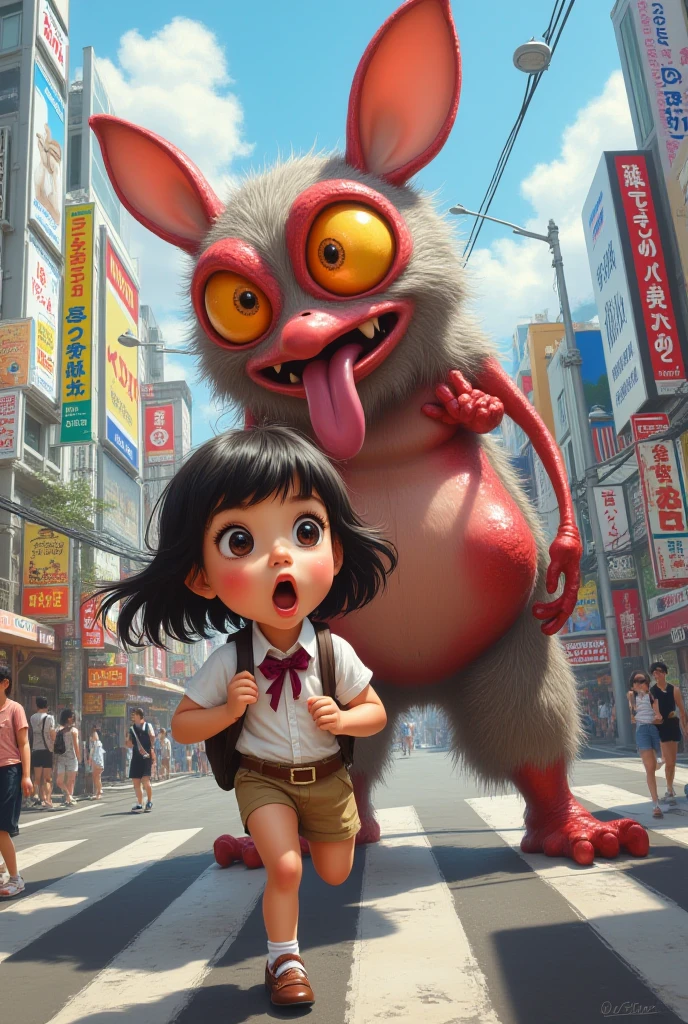 (Attack on Titan) An enormous titan woman (cute maniac face extra huge mouth, dark hair, small pot belly, big butt, painted toe nails) merrily stomps down the streets of Tokyo, she has her mouth open and drooling. The woman (cute, miniskirt, airy blouse, high heels) she wants to eat has fallen and twisted her ankle and is now sobbing on the street. Came is low at the victim looking up at the hungry Titan