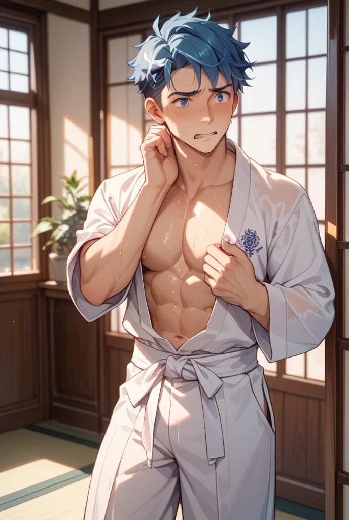 Obra maestra, La mejor calidad, 1child, flequillo, cabello negro, cabello azul, ojos azules, Abs, Hombre en topless, hakama, Enfoque masculino, ike, fire emblem, ragnell, short hair, green bandanna,