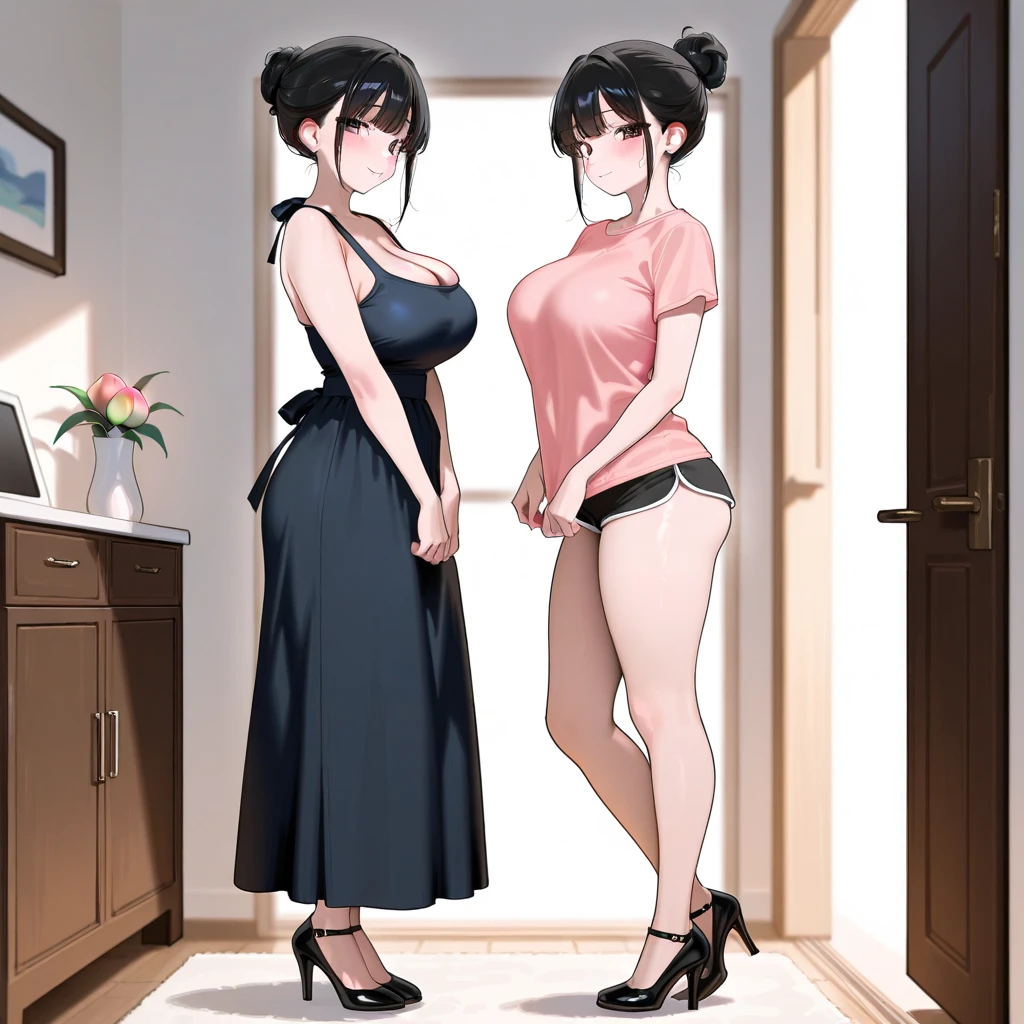 (((I want a one woman, with short black hair, red eyes and fair skin, wearing a beautiful red dress while putting her hands on her waist, voluminous body and medium breast)))
