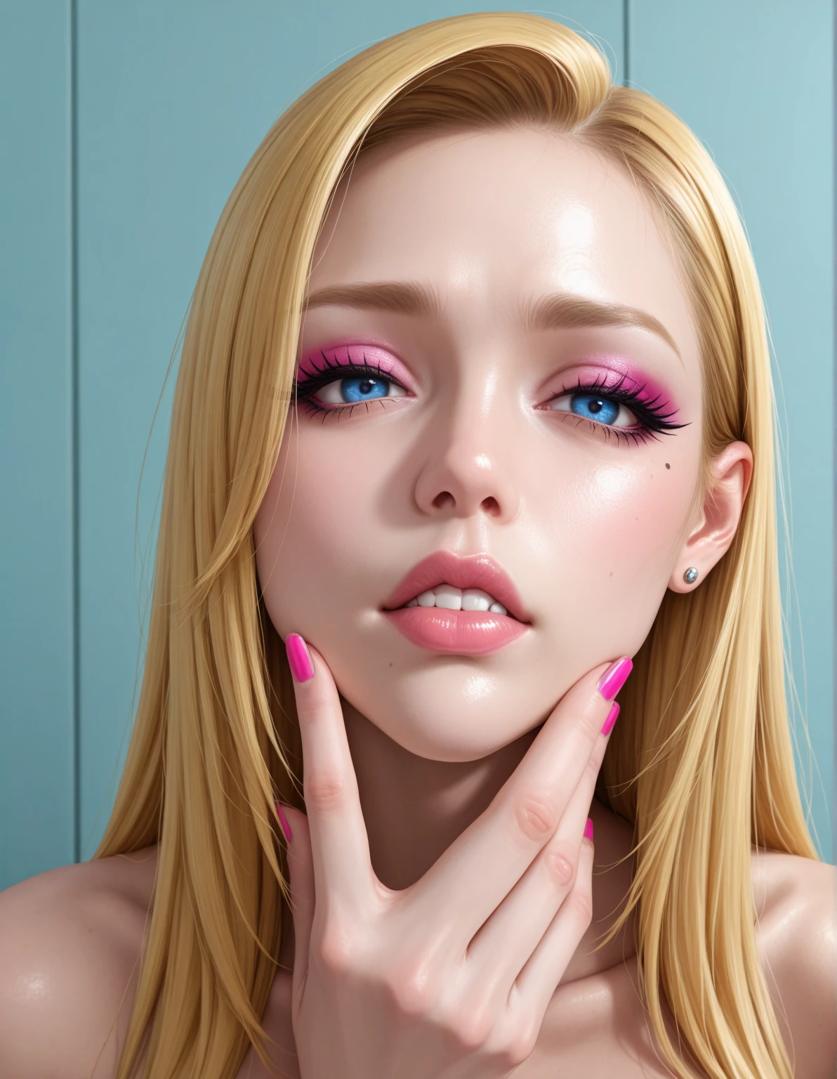 best quality, masterpiece, maid with beautiful eyes, small chin and narrow cheeks, windswept pink hair, sapphire eyes, low-cut pink maid costume, spectacular lighting, light smile, detailed skin, blushes, kneels, looks up, (from_above1.9), Kiernan Shipka (reality:1.5), rashing puffy lips, whole body