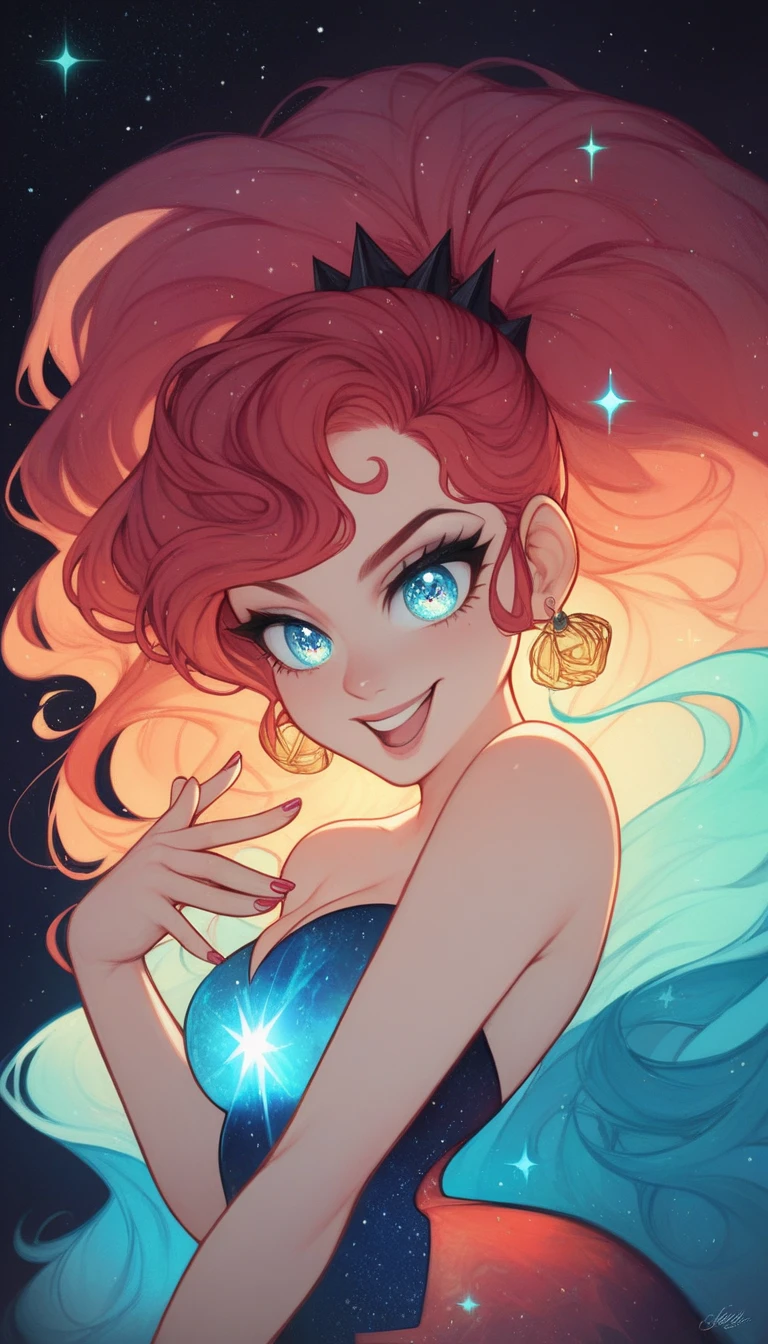 a cartoon drawing of a woman with red hair and blue dress, inspired by Lois van Baarle, comic pinup style, cartoon artstyle, artgerm and lois van baarle, pinup, succubus in sundress portrait, pinup art, sultry smirk, girl pinup, commission for high res, pinup girl, with curly red hair, cartoon art style