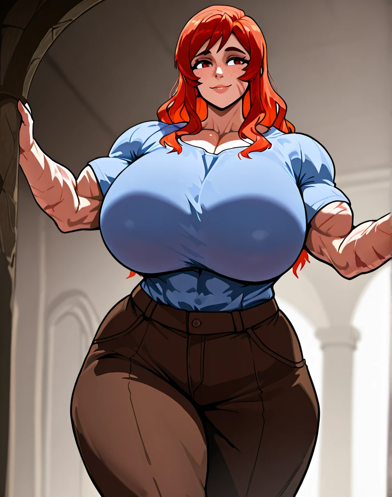 Huge breasts, abs, topless, tight jeans, big booty, thigh high boots, sexy smile