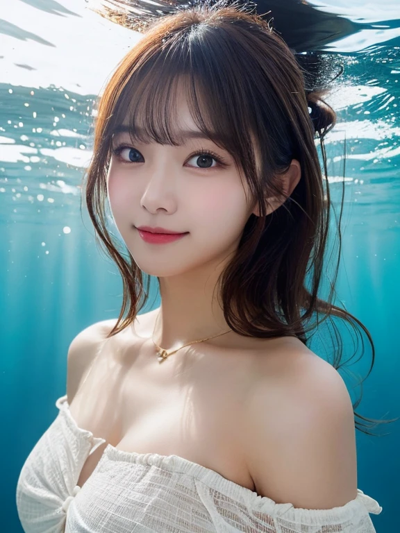 (highest quality, 32k, High resolution, Masterpiece:1.5,), A swirl of crystal clear air and soft light, A sense of serenity and elusive beauty, Black and blue glow, Beautiful Japanese Women, whole body, An exceptionally beautiful face, In the water, inside a transparent glass dome, In the water, Magical big eyes, Rich expression of emotions, ((A fleeting and gentle smile)), ((Beautiful brown hair shiny)), Long, intricately detailed straight hair, Beautiful asymmetrical bangs, Hair between the eyes, Bright makeup, Smooth and soft white skin, Beautifully trimmed, thin eyebrows, Prominent double eyelids, Attractive pink lips, ((White open-necked dress), High resolution perfect clavicle, Beautiful chest in high resolution, Slender figure with ample breasts, High resolutionの美しい太もも, ((Blue glowing bubble effect:1.3)), Dazzling morning sunlight, Professional Lighting, Professional photographer, Professional models