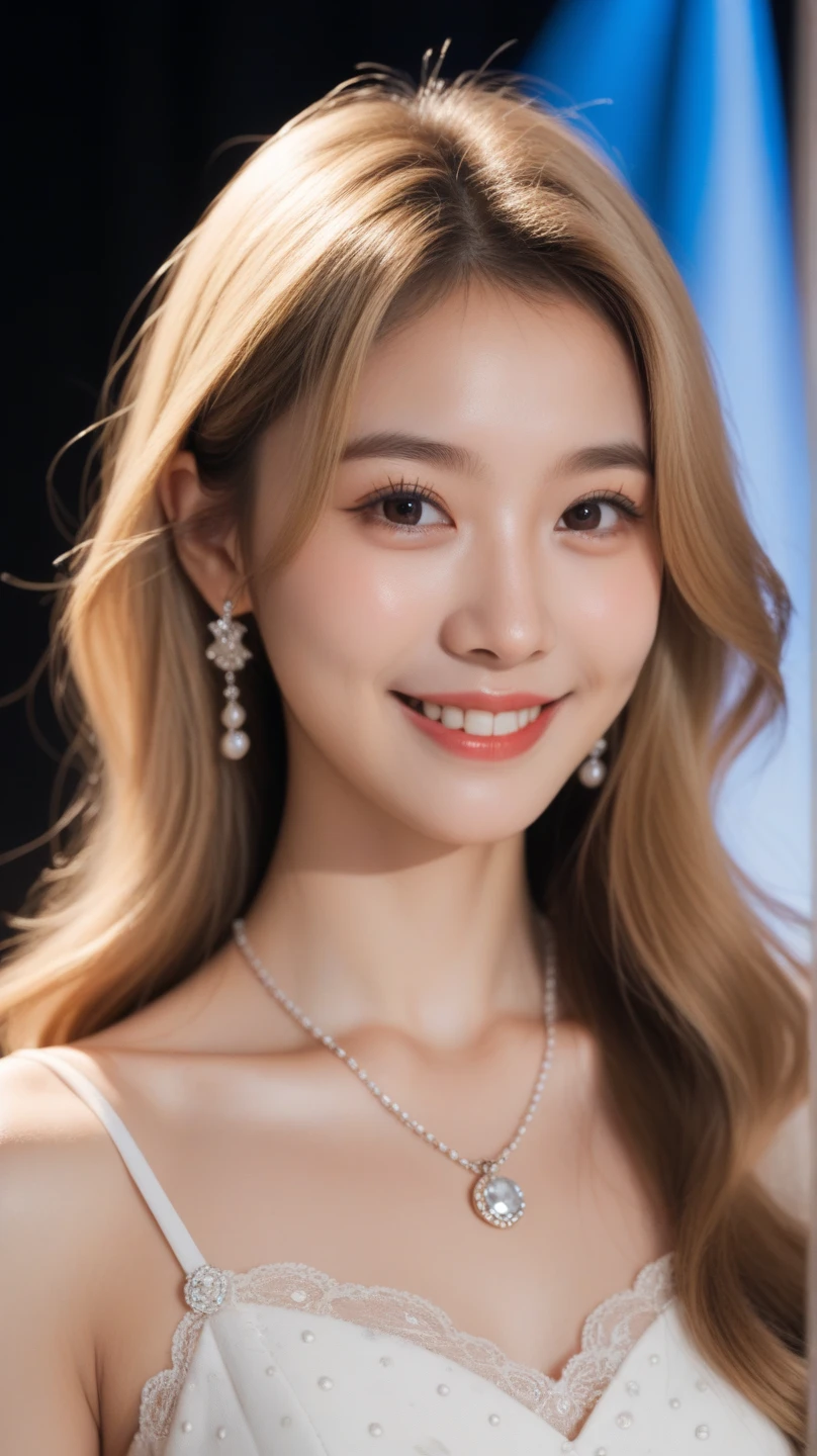 Best quality, masterpiece, ultra high res, (photorealistic:1.4), raw photo, 1girl, silver hair, Formal Updo,shiny skin, dramatic lighting,(smile:1.2)