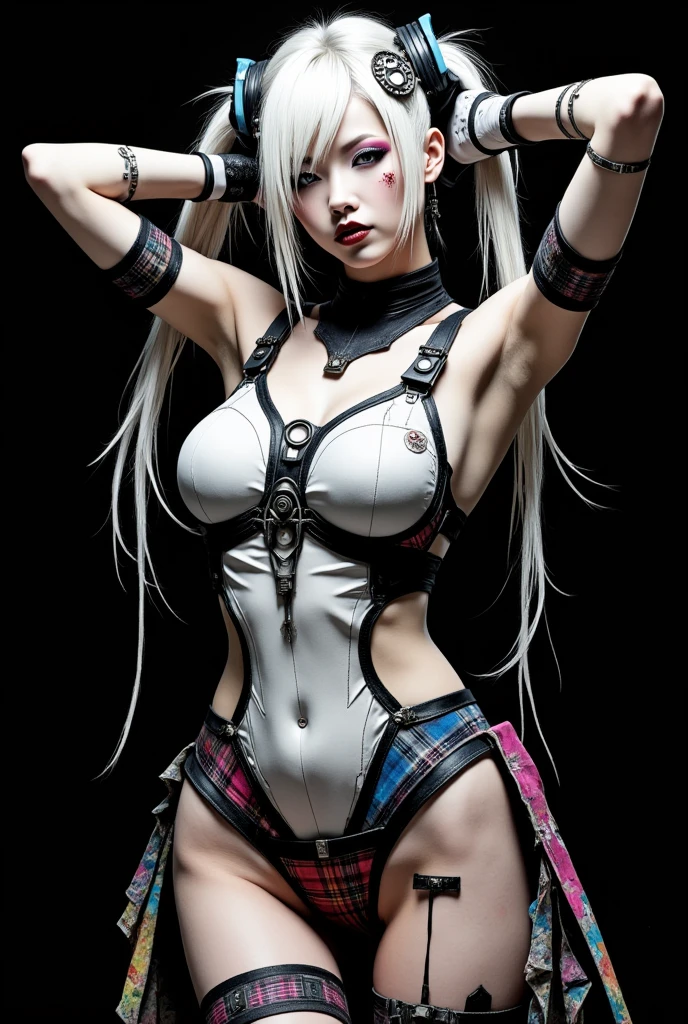 Beautiful Face,face is Japan, 1 Woman, Big, Curvaceous, (16k, RAW photo, top quality, masterpiece: 1.2), (HDR, Realistic, Photorealistic: 1.37) (tube attached to the body), (Bikini Cyborg robot parts)))), (light gray hair), Long hair, Wavy hair, Twin tails, Medium shot, ( Seductive smile)), (black eyes), double eyelids, princess cut, from below, (whole body),posing,,in the lab,( tube connected to blood vessel),((mechanical vertebrae attached to the back)),((mechanical neck attached to the neck)),(wire and cable attached to head and body),(character focus),science fiction,perfect female figure,perfect anatomy, hyperanatomy, full body shot, relationship between up to 4 fingers and 1 thumb, spherical joint,
