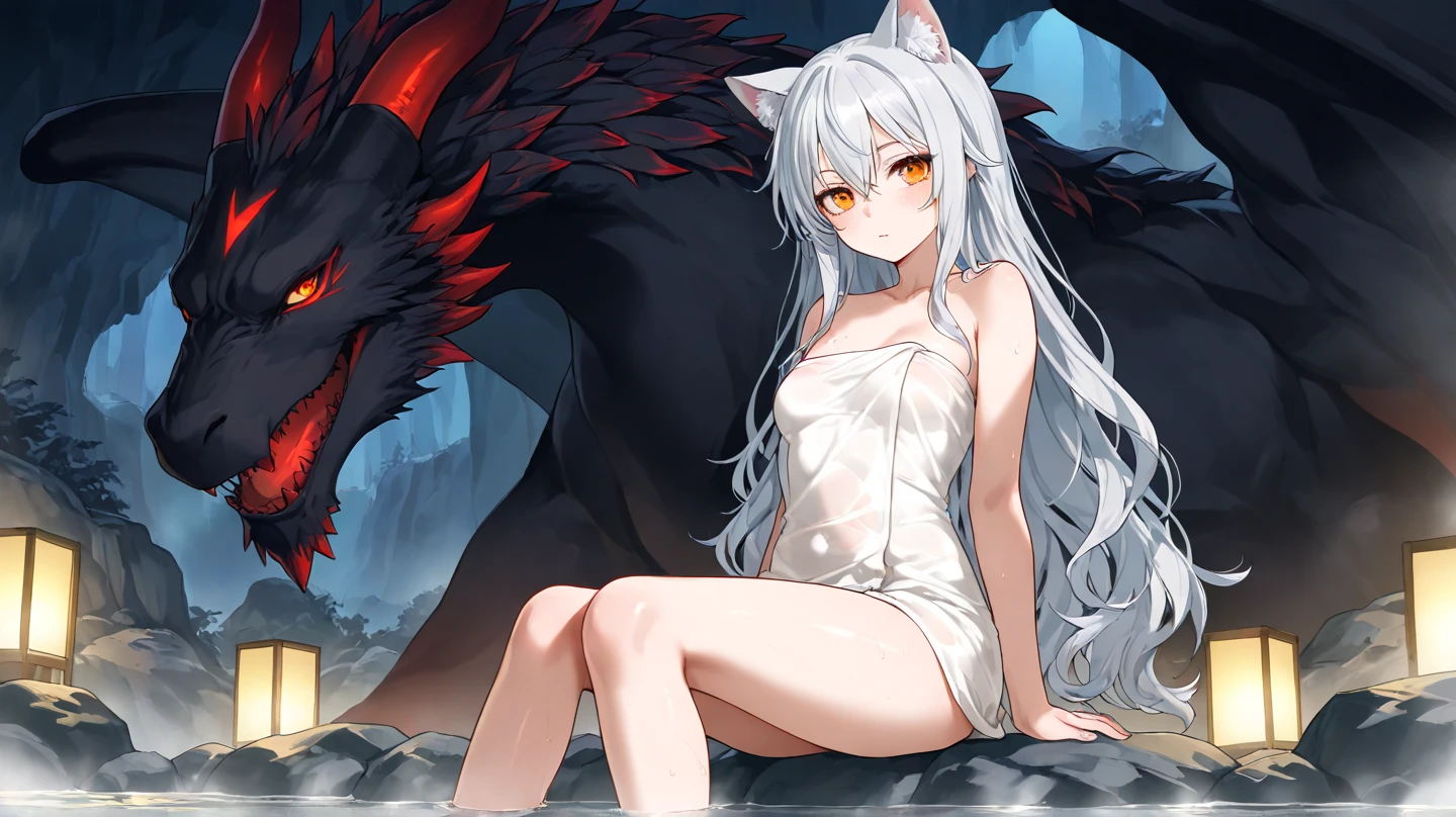 anime, (masterpiece, best quality, ultra-detailed), (grassland background), (beautiful detailed face), high contrast, 1 girl (solo, lying on the grass, angry face, mature girl, slim body, (silver hair with black tips):1.1, long hair, high detail eyes, glowing red eyes, fox ears, (white negligee, black underwear))