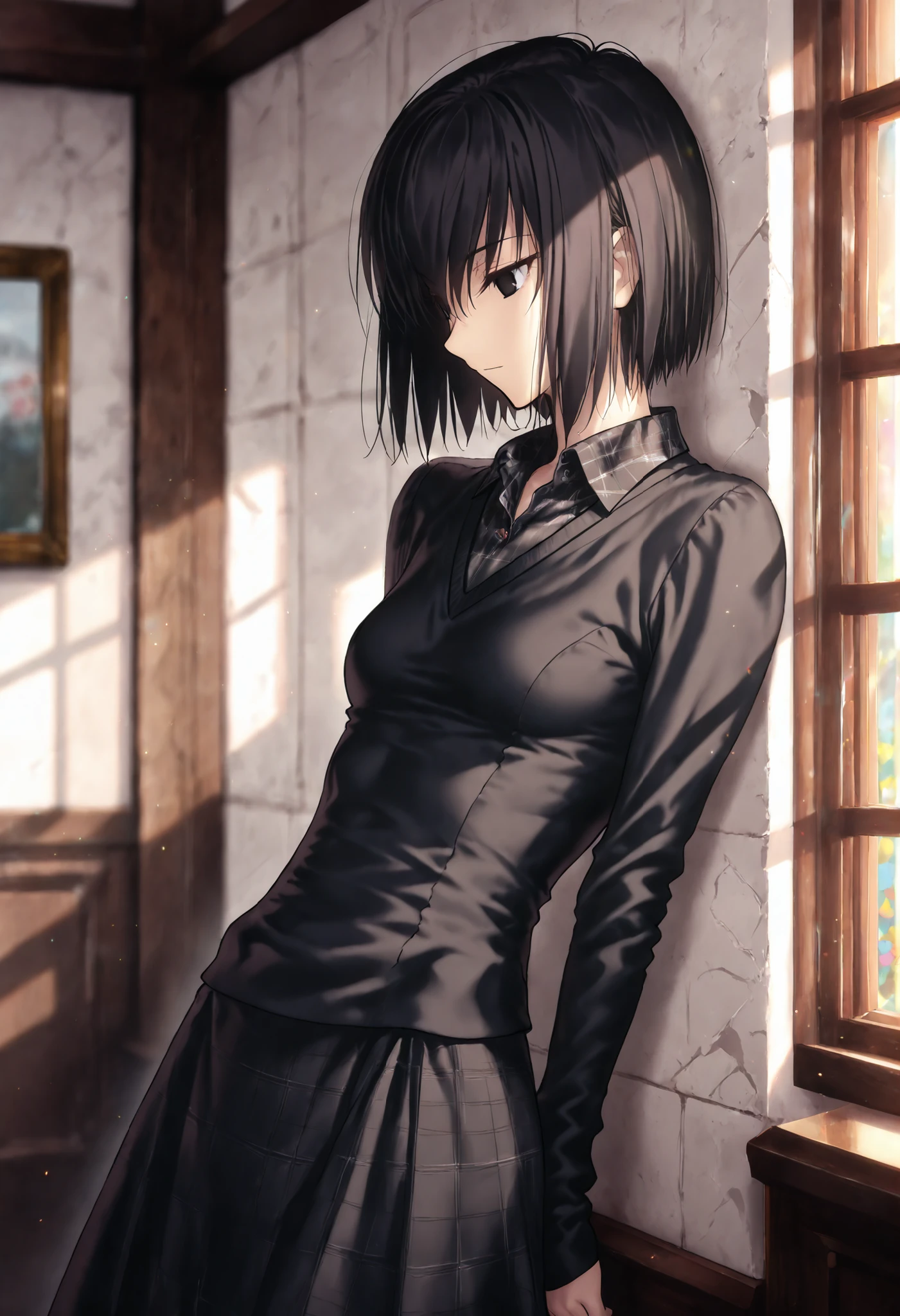 realisitic、top-quality、Stand against the wall、Mileland、((One Woman:1.5))、Black hair、shoulder length hair、Medium chest、Medium bob、Gray eyes、Black suit skirt、white  shirt、Black underwear、Open your clothes