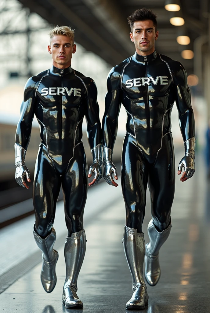 Two European mans wearing cyber futuristic police uniform and Nike sneakers, they are an alluring 40yo mans ,macrophilia, flush face Smiling, Standing whole body,full-body shot, they are touching them bulge at bulge, virile older masculinity, muscled chest,Sunny and handsome,Exercise and fitness ,front Photo,Unworn hands, slim waist, large chest.