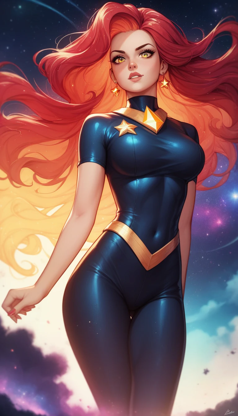 Sexy, Superheroine Red hair, busty, ((blue highleg leotard with a t-back thong and a gold star insignia on chest)), gold boots, gold gloves, semi-realistic, curvy,