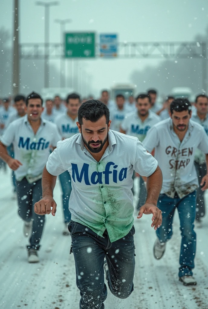 A high-definition Canon DSLR photo of a large group of Brazilian metalworkers, men and women, standing united in front of a modern factory. Their skin and uniforms are marked with dirt, and they hold a large blue banner with white text that reads "Campanha Salarial 2024" in Portuguese. The image captures the diversity of the group, with sharp details highlighting the dirt on their faces and the clear contrast of the banner against the backdrop, symbolizing their collective determination.