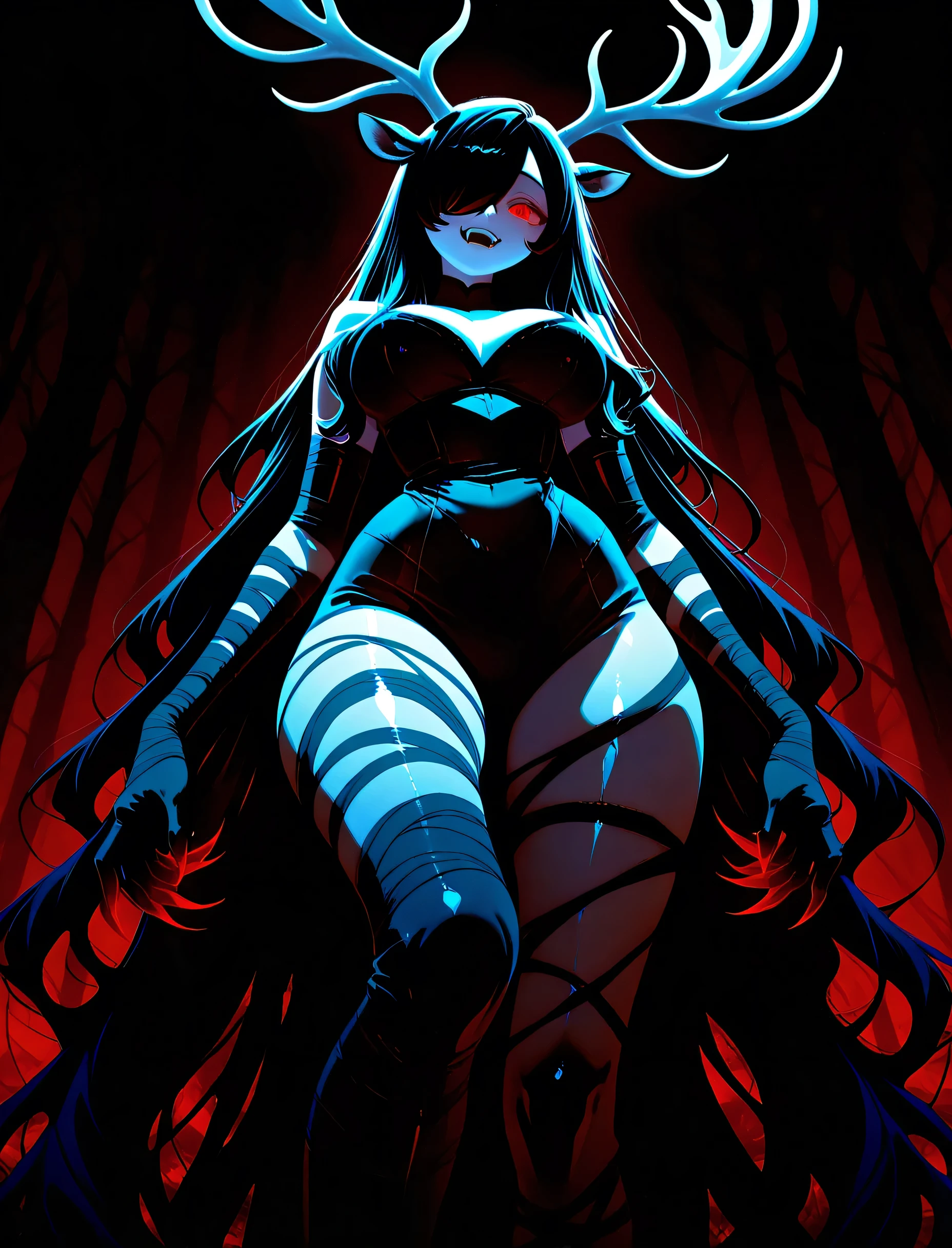 1girl, Kuroki Monika, black hair, very long hair, hair over right eye, red eyes, large breasts, (petite but curvy, very cute), monster girl, giant girl, deer monster, blindfolded, wearing bandages, pale skin, very long hair, stringy hair, fangs, unnaturally long limbs, claws, looming, from below, chapel, deer head, ,horrorcctvlora,Horror ,Dark room background,gusen, , Dark dreams, Eerie reality, Horror, Darkness