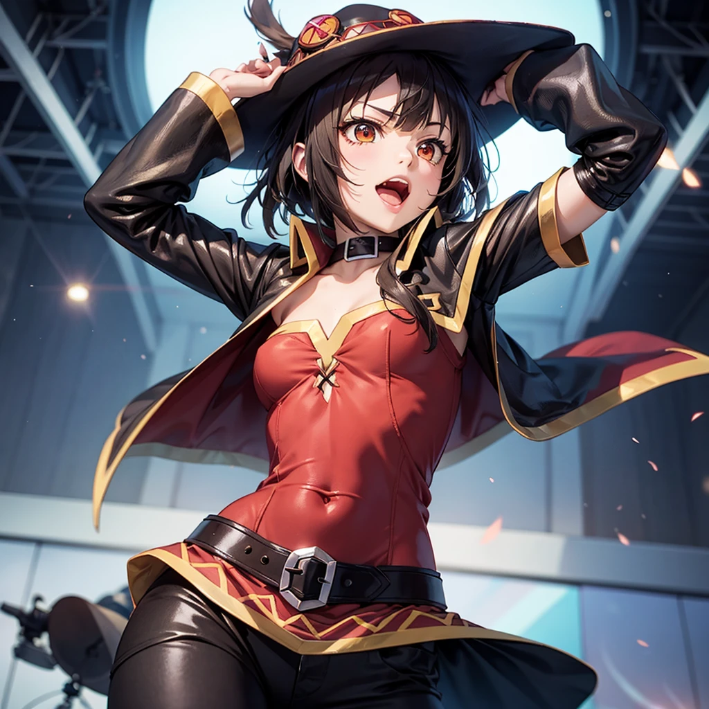 A girl with her hands pressing her cute cheek, inspired by the character Megumin from the anime Konosuba, perfect girl dancing with an elegant smile, background as shown in the image, bright red eyes, stars just like the anime, 80s anime