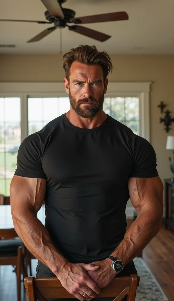 A hyper-realistic, 8K image featuring a heavily muscular Hugh Jackman, wearing a white tank top and white Converse sneakers. He has the iconic Wolverine hairstyle from the movies, with hair that extends slightly beyond the topmost and outermost points, resembling horns in those areas but without actually being horns. Both his hair and beard are much larger and fuller than usual. He is sitting on a bench press, flexing his biceps with his muscles tensed and visibly straining. His body is covered in tattoos, and he is wearing a thick silver chain around his neck. The well-known metal claws from the Wolverine films extend from his knuckles. In the background, there is a Compton suburban backyard with a gritty vibe, featuring weights, a bench press, and a punching bag.