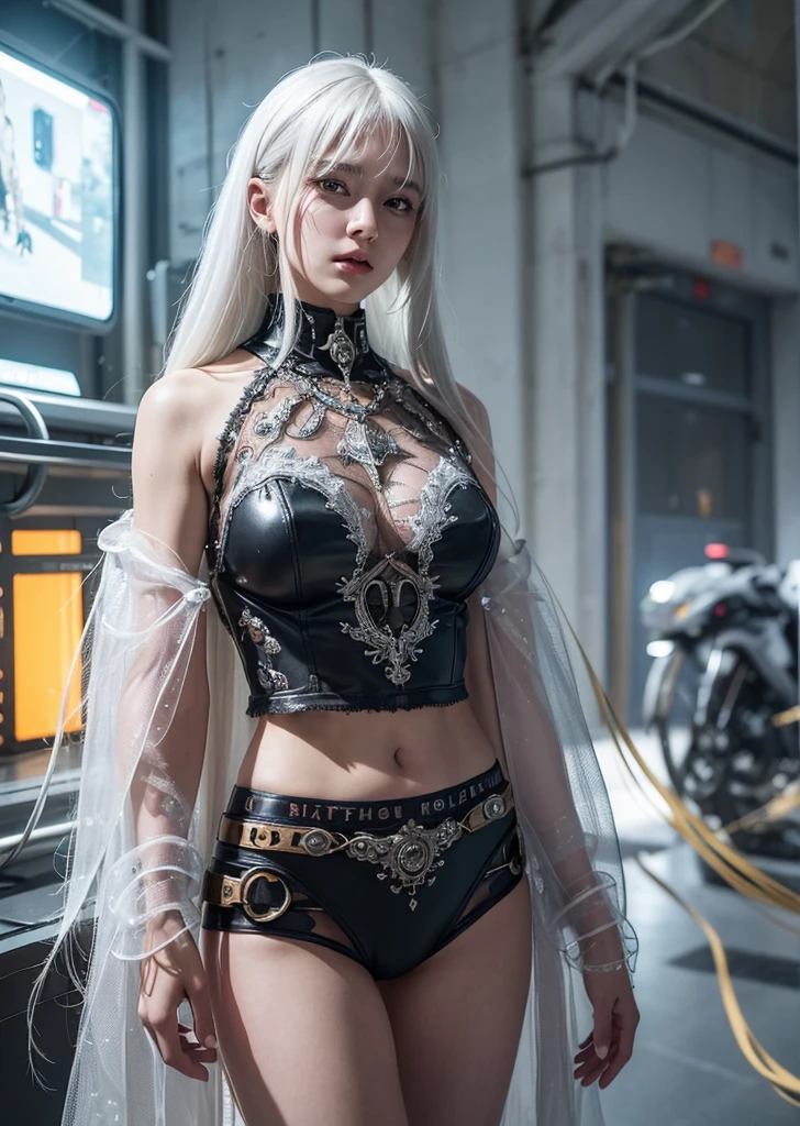 best qualtiy,tmasterpiece,超高分辨率,(realisticlying:1.4),RAW photogr,1个Giant Breast Girl,黑The eye,looking at viewert,long whitr hair,Light makeup,Do the action of biting your lip,tiny ears,耳Nipple Ring,Bigchest,slim,exposed,The body faces the viewer,