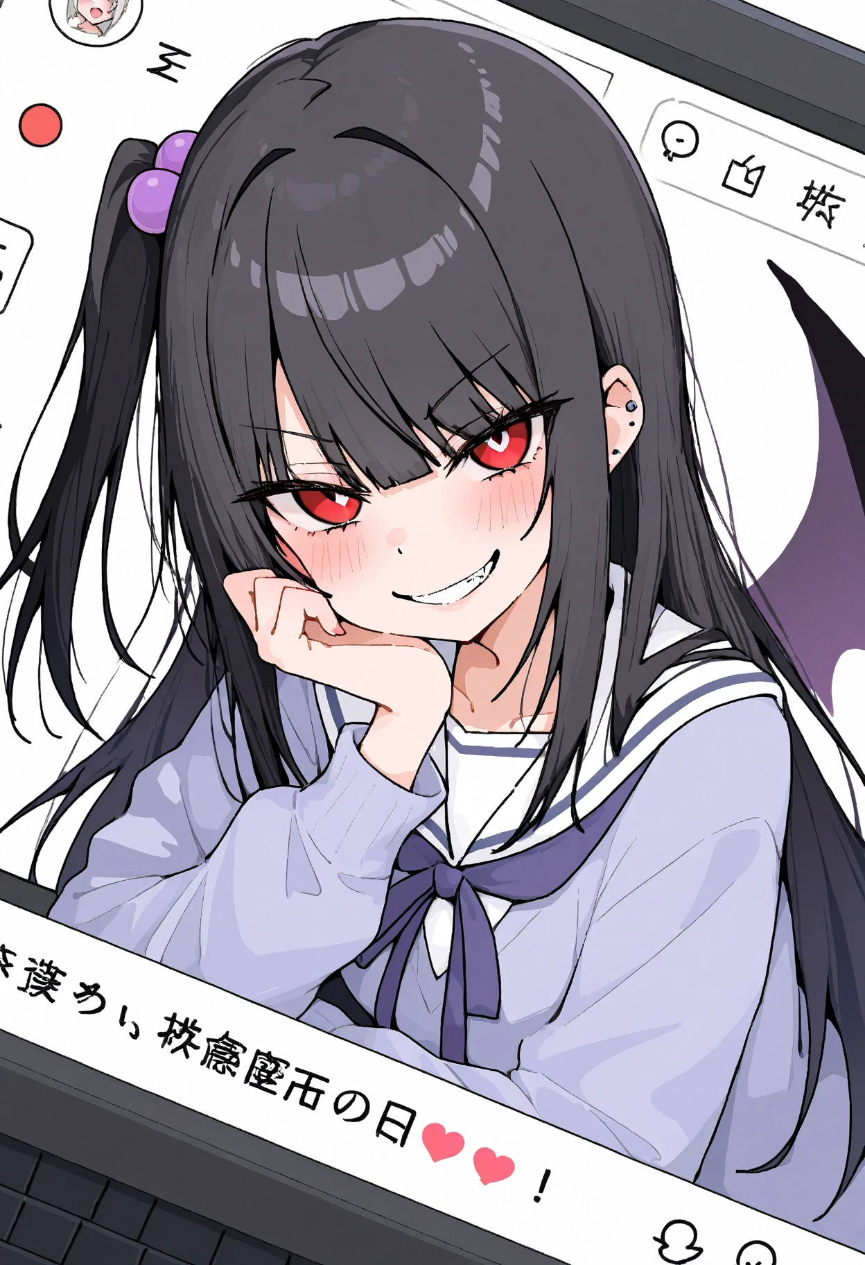 detailed,masterpiece,ultra-detailed,solo,(1girl),(Delicate eyes),(white background:1.3),very long_hair, jacket, red_jacket, red_eyes, bangs, open_mouth, school_uniform, straight hair,wariza,(hand between legs),