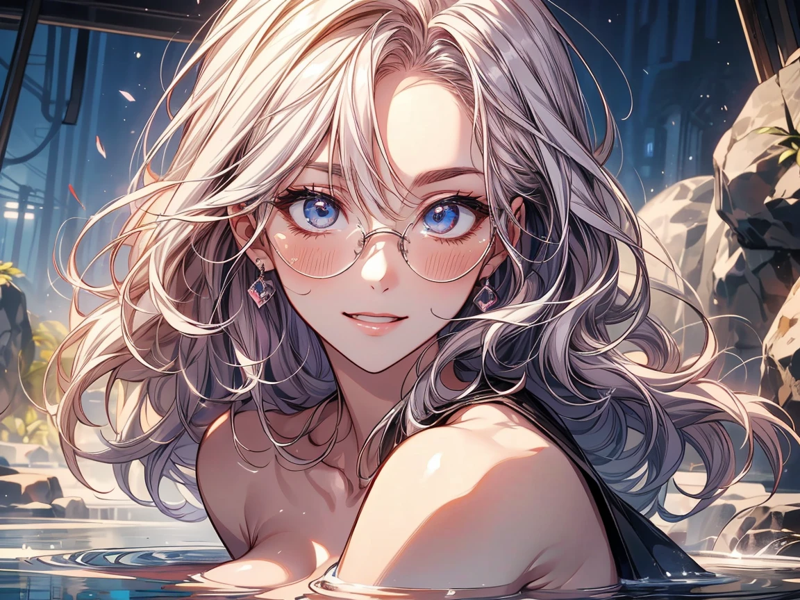 ((Masterpiece)), melhor qualidade, ultra-detalhado, Dynamic angle, dynamic pose, high resolution, um extremamente delicado e bonito, Stylish glasses, many drops of water, Salpicos azuis, fundo branco, cabelo rosa:1.3, embedding tag) --auto