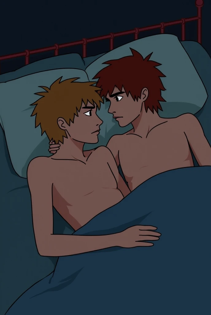One ginger headed buff male and one skinny black male having intimate relations in bedroom with heart in their eyes and breathing heavily while blushing and sweating