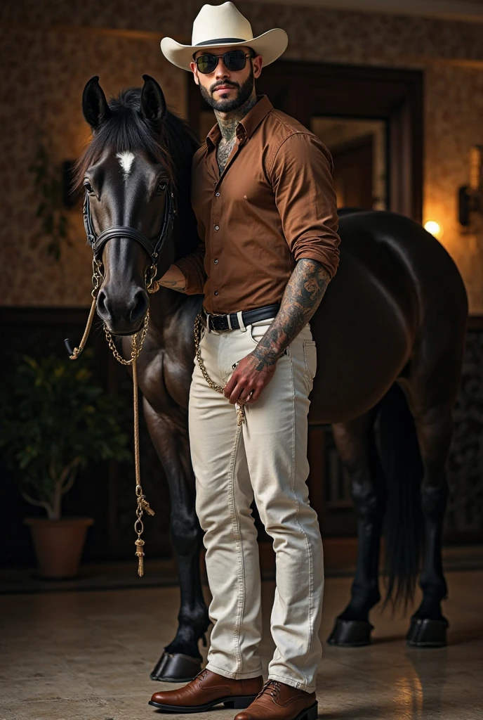 HD quality, high definition, male 18 years old handsome, muscular and slim, red lips, leaning against a horse, naked exposed crotch penis, model with bracelets, earrings and Necklace, wearing sunglasses, open vest, fully nude and naked body, eyebrowse angry, side view, wearing shoes