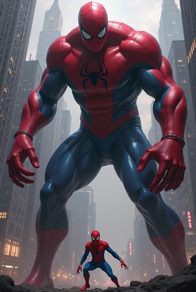 A very big Spider-Man and girlfriend family pregnant big belly is standing in a shopping mall and many people are crowding around him. People are very small compared to spiderman. Everyone is surprised to see that spiderman's body is very big.