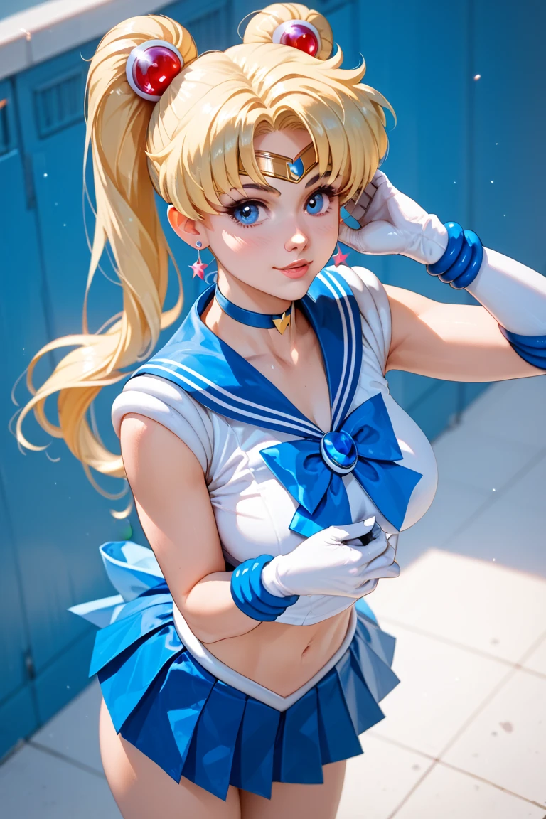 Sailor Moon, 35, is radiant in her iconic costume, striking a seductive pose that flaunts her huge, bra-less, covered breasts. Wearing a very short miniskirt and thigh high stocking with garter, high heel, the full-body shot, taken from below, shows her figure provocatively and gives a glimpse of her covered crotch. Shot in full frame, the image exudes a powerful allure reminiscent of the legendary heroine's youthful charm.