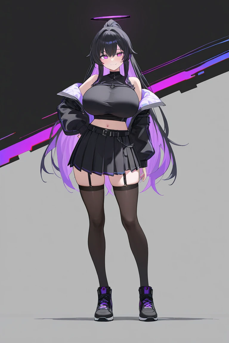 work of art, best qualityer,super fine illustration, Perfect Anatomia, anatomical correct, perfect proportion, face perfect, perfect hands, perfect legs, perfect toes, perfect hands, professional lighting, best qualityer, ultra detaild, extremely delicate and beautiful, 4K, 8k, clearly drawn face, gorgeous eyes, beautifully detailed eyes, highly-detailed eyes, (1 girl,standing alone,((black hair 1.2)(Purple Hair 1.2)fine thighs,long hair e liso, blunt bangs, (multicolored hair:1.5),(two tone hair:1.2), (gradient hair:1.3), multi colored eyes, standing, long hair, looking ahead at viewer, blush, , choker, thigh strap, (eyeliner:1.2), ombre, へそ, tummy, pink eyes, combat boots, skull hair clip, plain black hat, Black jacke, Purple pants, cinta, simply white background, fit the screen
