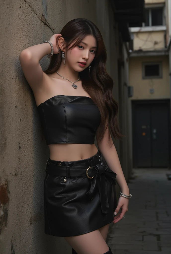 Brunette woman with light brown hair, with light brown eyes, with black high boots, in a black skirt and colorful bows attached to the skirt and black crop top, in a cowgirl hat,