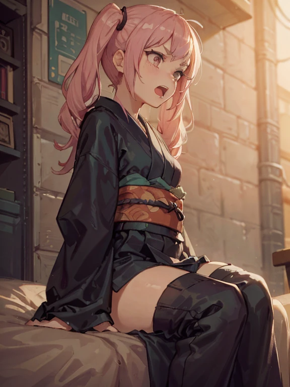 Anime woman, curvy, thick thighs, large breasts, red hooded robe, pink blouse, black boots, long black jeans, light pink hair, short hair, straight hair, black bow in hair, green colored eyes, beautiful face, soft skin, room with books.