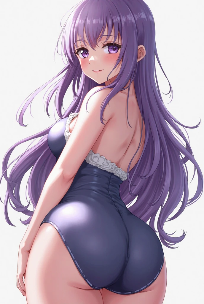 2d, masterpiece, ((kneeling)), living room, best quality, full body, full pose, anime, highly detailed, cowboy shot, 1girl, solo, yuri, purple hair, purple eyes, long hair, hair between eyes, hairclip, medium breasts, ((one body blue swimsuit)), thights, slim body, slim legs, bare legs, ((dumb face)), blushing, red face, ((feets)), ((looking back)),