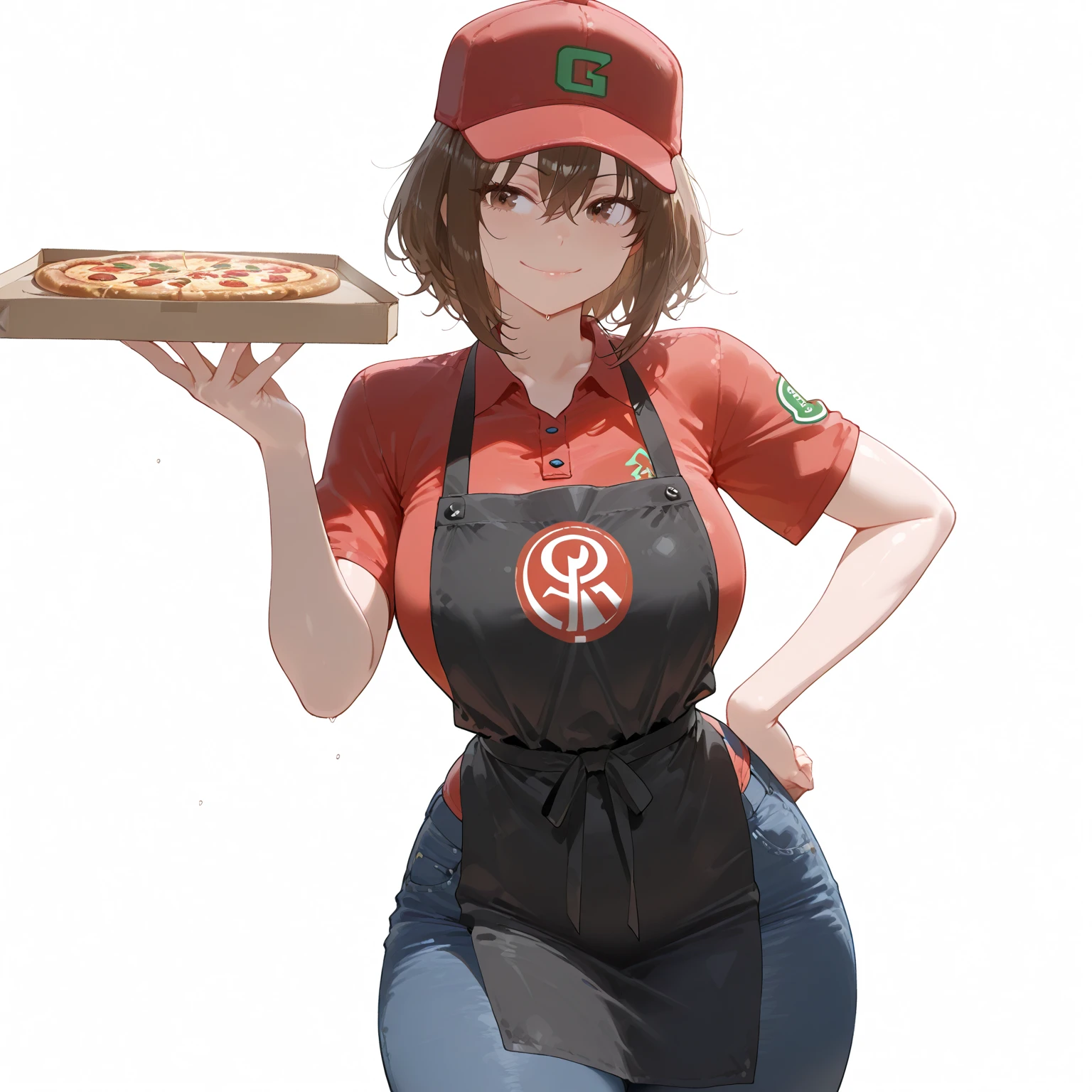 obra maestra, best_quality, 1girl, solo, gardevoir, pokemon \(criatura\), cabello verde, ojos rojos, en una ciudad, de noche, sonrisa, usando shorts, camisa roja, uniforme de pizzeria, lleva una caja de pizza en la mano, caja para pizzas, uniforme ajustado, senos femeninos, senos medianos.