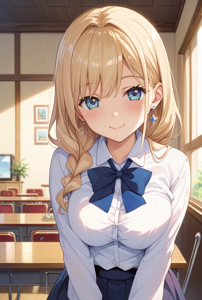 近未来的な鎧と青いスカーフのセーラー服を着用した女の子、服のポイントとしてフリルがついている、自信に満ちた表情、プリーツスカートに白のライン、水色の髪、ツインテール、ヘッドギアのような装備、全身の画像、フィギュア風