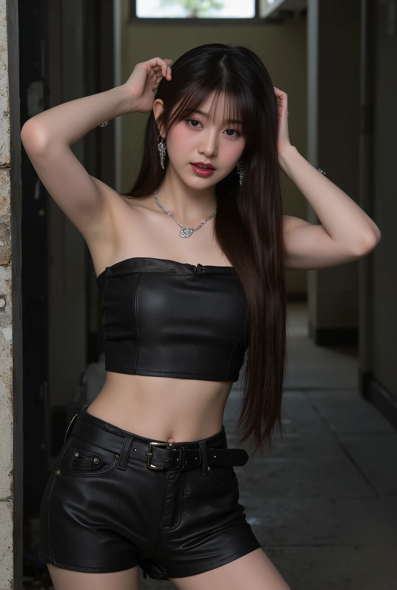 Korean girl 18 years old, light brown hair, long hair, farrah hair, sexy curvy body figure, large breast, silver hoop earing, Chain necklace, Chain bracelet, wearing black leather strapless cropped, black mini leather shorts, black leather belt Black knee-high leather combat boots, Leaning against the wall, Hands combing hair, in Building gap, gap between buildings, abandoned building, backlit photo, rim light, low view, low camera angle