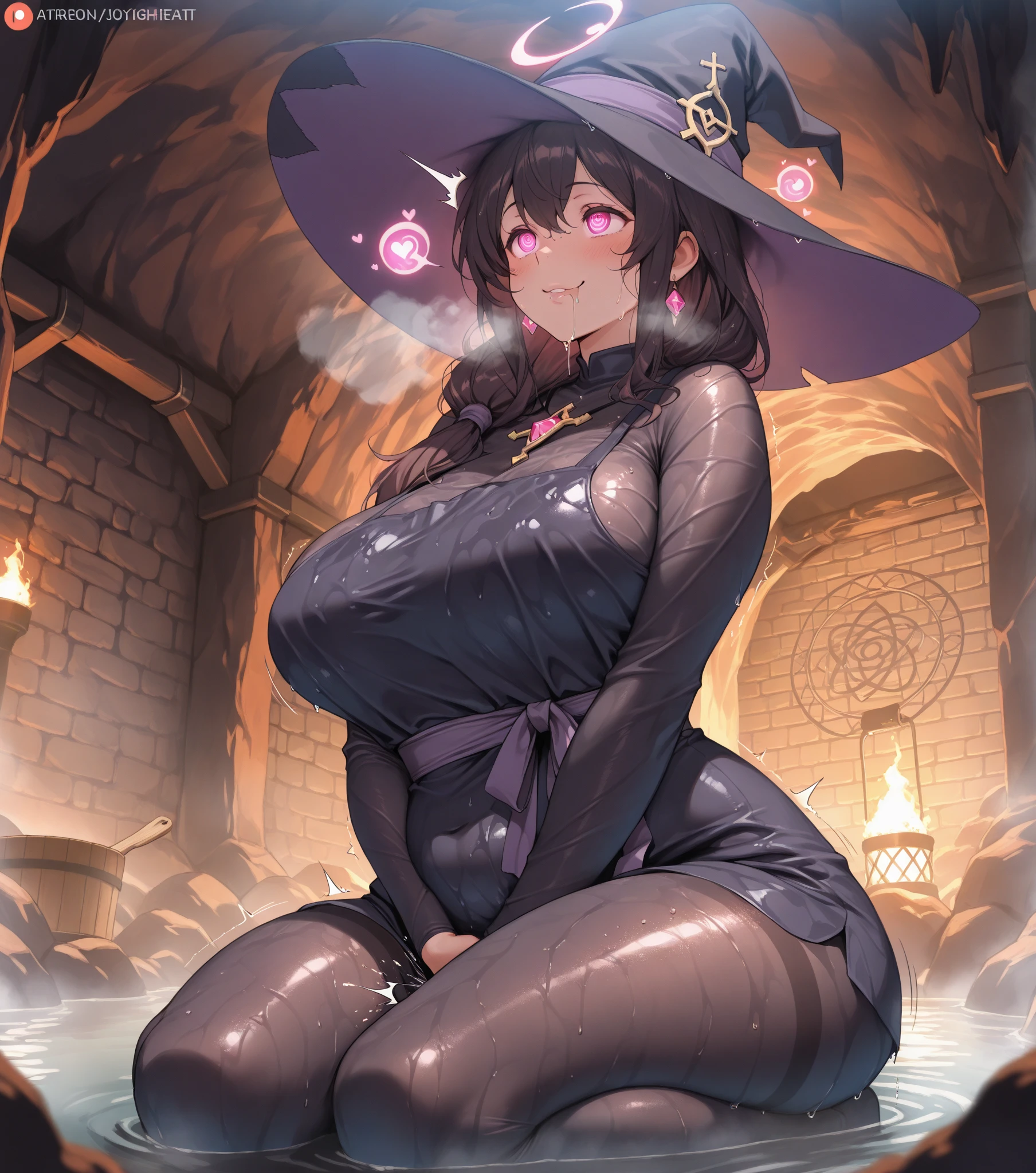 man in all four, long black hair, straight hair, purple eyes, witch hat, perfect body, sexy, rpg witch, fantasy witch, wizar robe, 25 years old, black clothes, black and purple palette, adult woman, round breasts, sorceress attire, smiling, seductive, bangs, tentacle on chair
