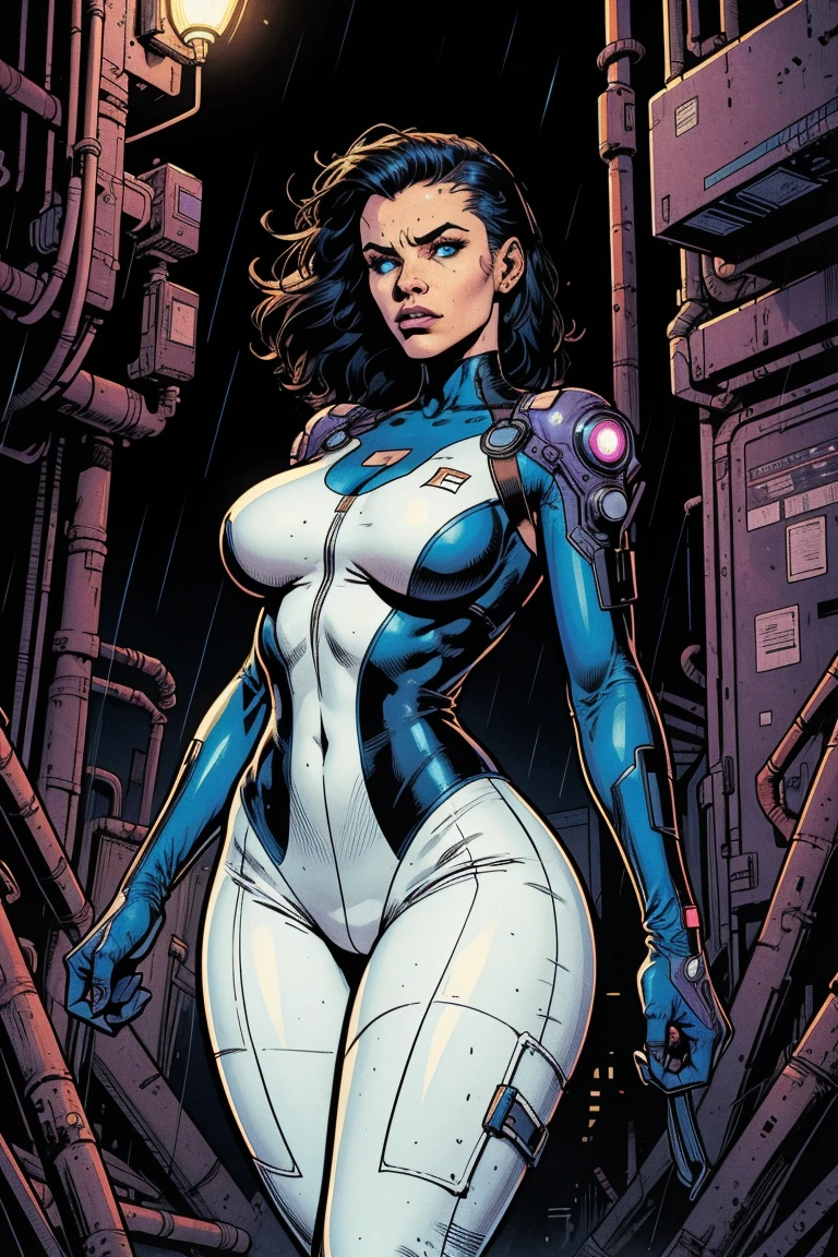 Rita Faltoyano, a realistic and intricate face of perfect beauty, full body, blue eyes, detailed face, parted lips, big ass, big , cleavage, (((from face to waist))), (((shape of fine beauty))), wearing a transparent translucent white swimsuit ((in sci-fi plugsuit mechanical metal parts with realistic neon lighting)), (work of art), 4K, Ultra HD