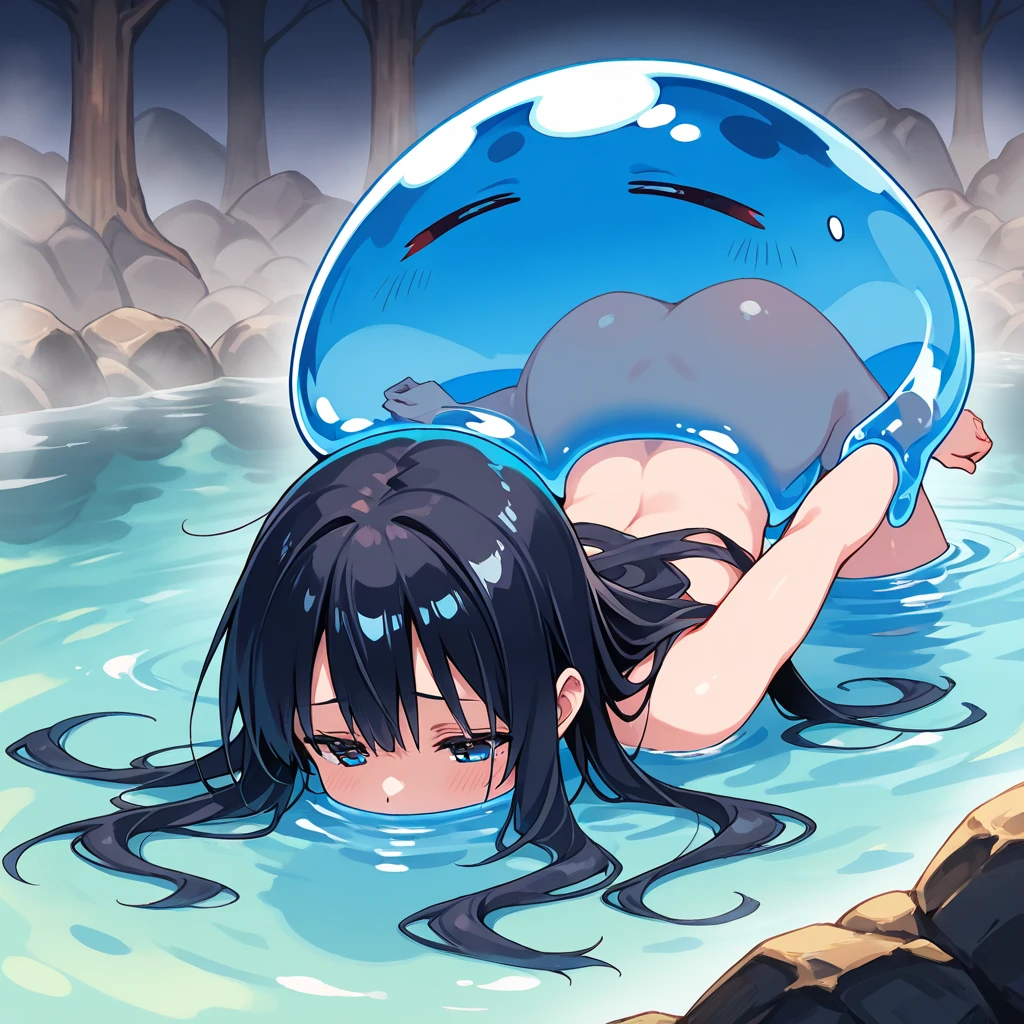 black hair,Blue eyes,Watery eye,Small breasts, tits, [ 4k digital art ]!!, Wet and slimy, Shiny wet skin!!, Enchanting anime girl,Watery eye,,one woman,steam,blush,Raise eyebrows,hime_cut,anal,One female,constricted pupils,(cowboy shot:1.3), (looking down:1.3),(crotch focus:1.2),upside down,(look down:1.3)