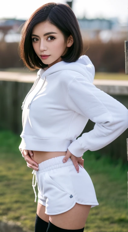 Highest quality masterpiece 8K Ultra-detailed Face 17 years old Yu-Gi-Oh Evil★Twin Lil-la Lila Blue short hair White strapless leotard Strapless High leg Black belt on chest Black belt under the chest He is wearing an oversized navy blue hoodie. Big Breasts