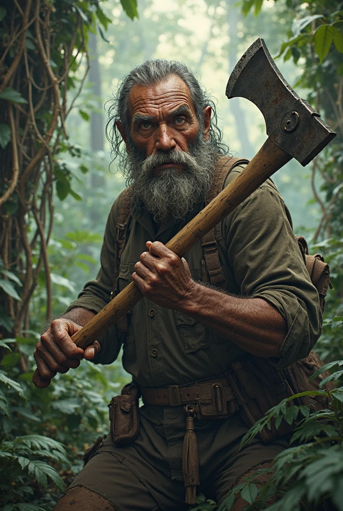 A grandfather with a machete and that grandfather looks scary 