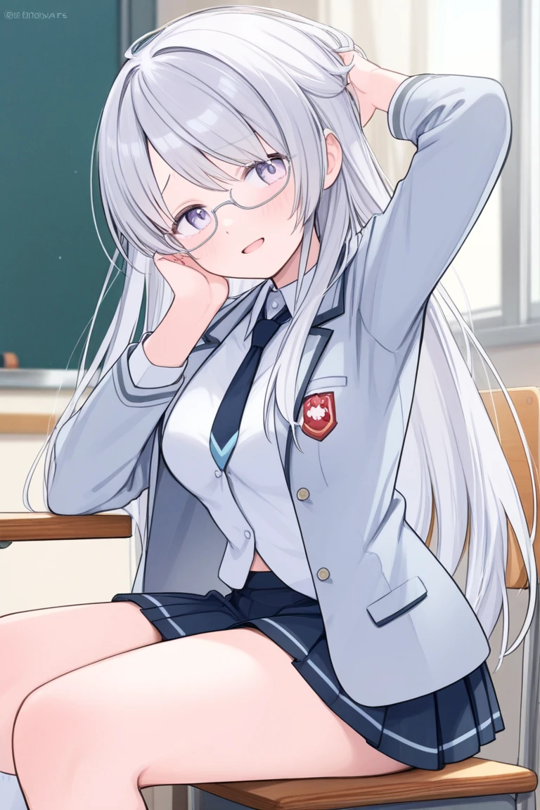 ((1 girl:1.5))、(smile:1.5)、、（cowboy shot）、(fun!!)、(white cardigan:1.5)、(dog ears)、(silver hair)、(blush:1.5)、(long hair)、(eye highlights:1.3)、blake black shoes,(黒いskirt:1.5)、bow, button, shirt with collar, long sleeve,  ((red bow tie, ,, white shirt, チェック柄のskirt:1.5、white socks)),, shirt,, skirt, socks, thighs, white shirt, Rest indoors, ((classroom:1.5))、 BREAK while watching the audience、 (perfect hands, perfect anatomy),cowboy shot、(skirtlift:1.3),(highly detailed white panties:1.3)、(highly detailed panties:1.3)、、(skirt that rolls up:1.3)、(fully exposed panties:1.5)、light blue eyes