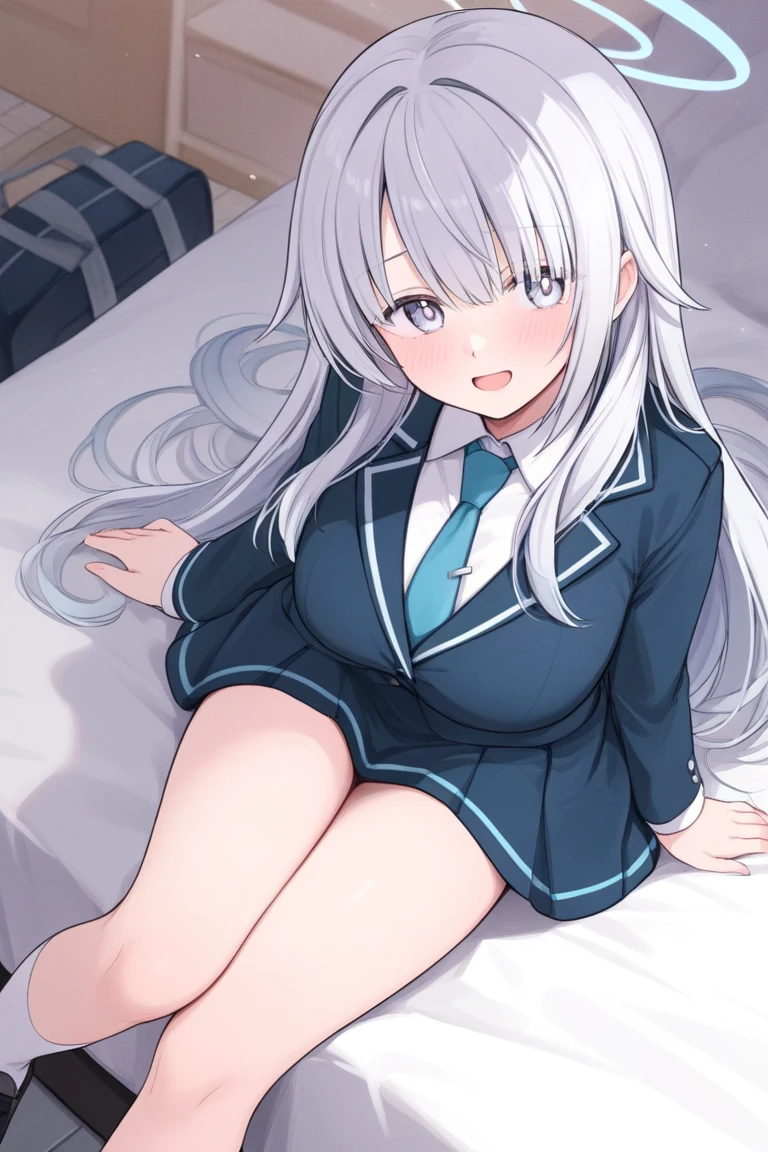 masterpiece, 一人のgirl,  JK, uniform, プリーツskirt, girl,  Long white hair, the body is slim, Baby Face,  Beautiful breasts, Round Breasts, Long sleeve, Beautiful Eyes, Black knee-high socks, skirt, Bedroom, M-shaped legs, Pussy, Spread your legs、Excited, Lick your tongue
