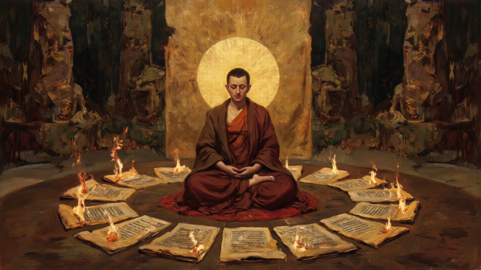 tarot card, the high priest,men pray kneeling before the priest in a great temple ((text on card: "EL SUMO SACERDOTE"))artwork artwork by Bill Sienkiewicz, vivid colors, intricate details, oil.