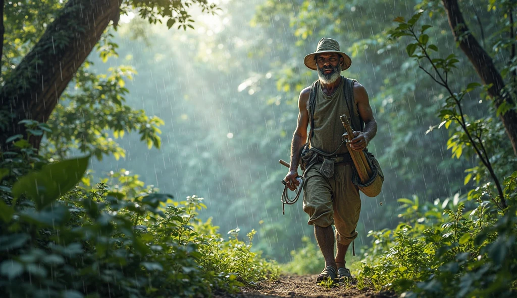 Photorealism 1.4 realistic realism high detailed definition Malaysia native aboriginal orang asli old man curly messy hair crossing river river stream dark skin weaver backpack smile faces jungle big river shirtless accessories on hair leaf wearing short hold stick river stream water level at waist