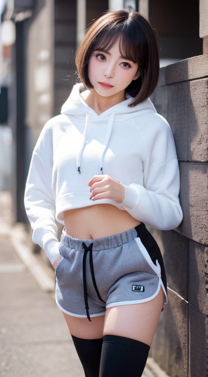 Slightly chubby beauty,Stick out your tongue,Yoga moves,(Flowing and loose)High ponytail,Low pressure packaging,with fair skin,Bear print white sweatshirt,Didn't wear it(Intimate underwear),Leaky belly button,cowboys(tight-fitting)hot pant,Didn't wear it(Intimate panties),Fair smooth long legs,athletic sneakers,Walk on the street,depth of fields,fully body photo,dynamic angle,masterpiece1.3,Uniform 4K resolution,Real street photography,full-body view,Select the distance you want to shoot,of a real,