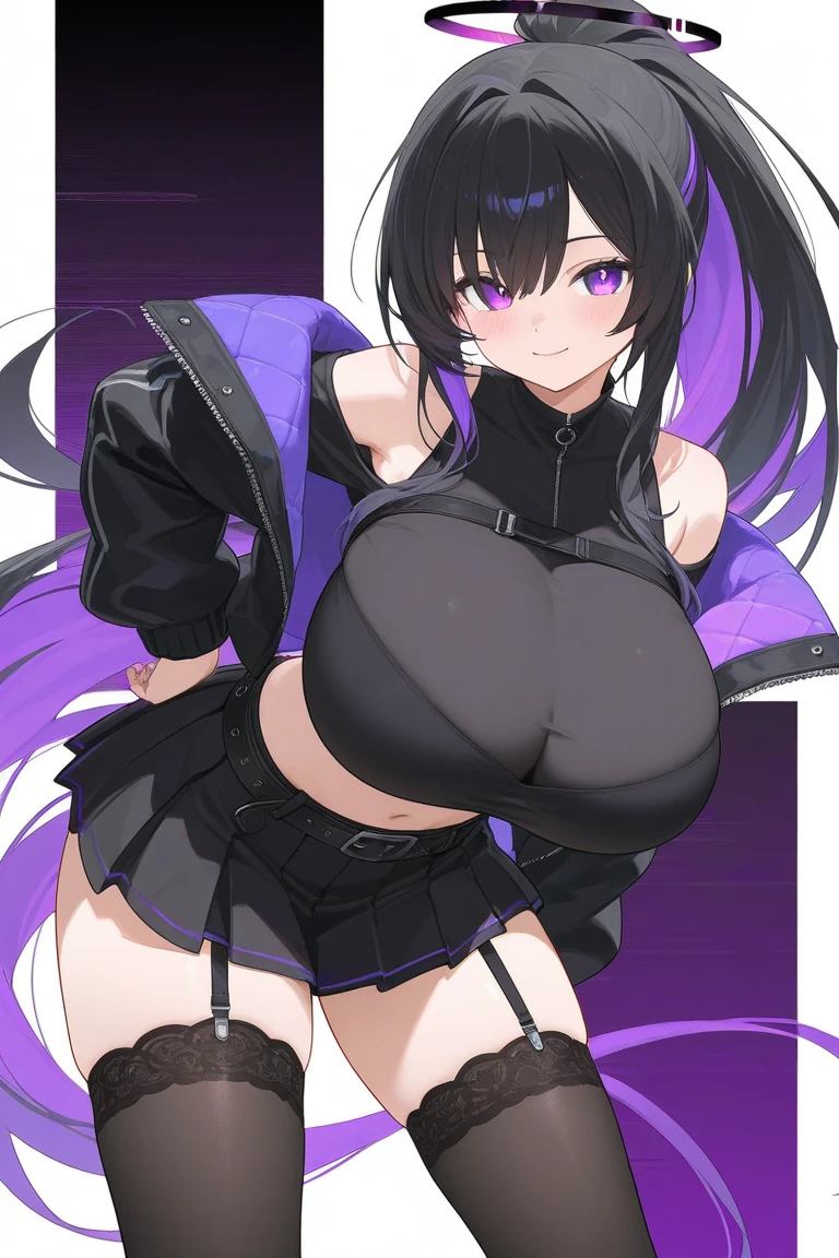 Hig detailed, 1 furry female, furry, striped fur, large messy hair/fur, beautiful eyes, purple hair/fur, big breasts, firm plump body, pink eyes, Bangs, hair over one eye, mini Shirt, spiked belt, mini skirt, finger-gloves, smirk
