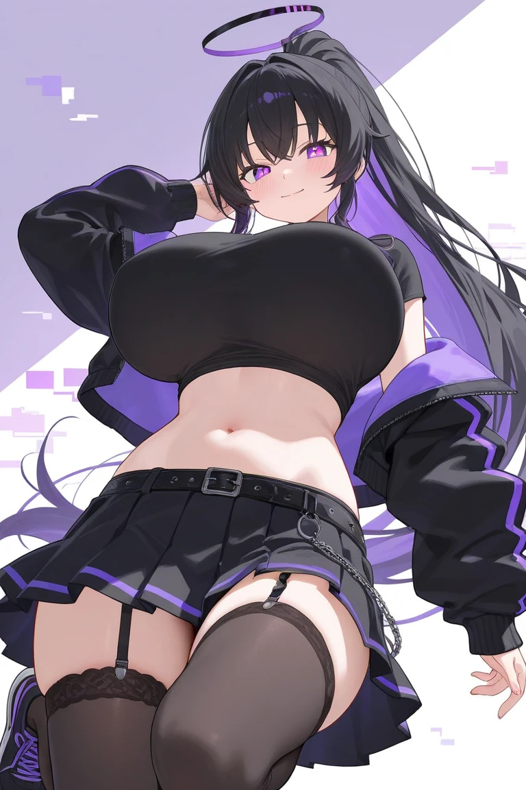 One girl, alone,Black bodysuit,Wear glasses on your head, belly button, pants, Purple eyes, rain, black pants, View your viewers, Bare shoulders, Stomach, abdomen, Purple Hair, Part your lips, choker, Off the shoulder, black choker, tattoo, underwear, panties, Sitting, Black crop top, Medium chest, 十字形のHalter neck, Halter neck, shirt, white shirt, Long Hair, High leg, black panties,Star Kafka,Huge breasts,Shiny,Shiny skin,Mature Woman