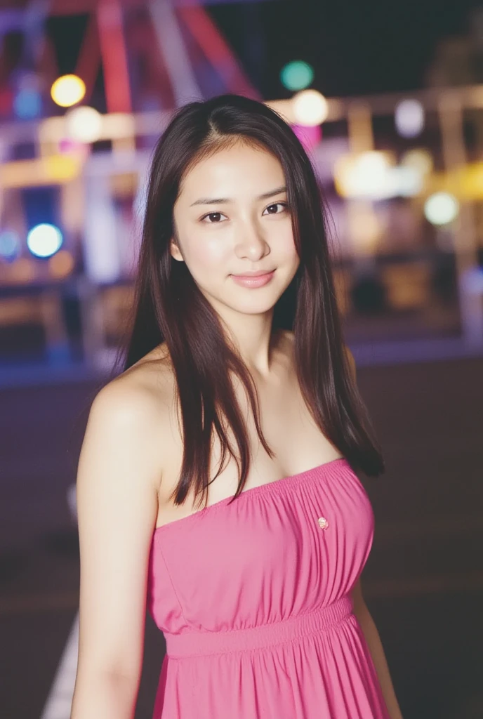 1girl,(wearing a glittery evening dress),(RAW photo, best quality), (realistic, photo-realistic:1.4), masterpiece, an extremely delicate and beautiful, extremely detailed, 2k wallpaper, Amazing, finely detail, extremely detailed CG unity 8k wallpaper, ultra-detailed, highres, soft light, beautiful detailed girl, extremely detailed eyes and face, beautiful detailed nose, beautiful detailed eyes,cinematic lighting,city lights at night,perfect anatomy,slender body.smiling,((breasts deep cleavage))