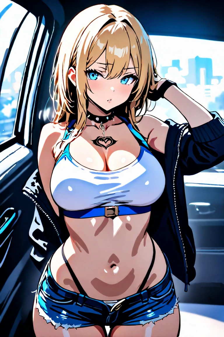 beautiful detailed girl, sexy sling bikini, smile, ponytail, blonde hair, Pose with hands together, Youthful expression, large breast, massive cleavage exposed, huge buttock, sitting in front of sport car