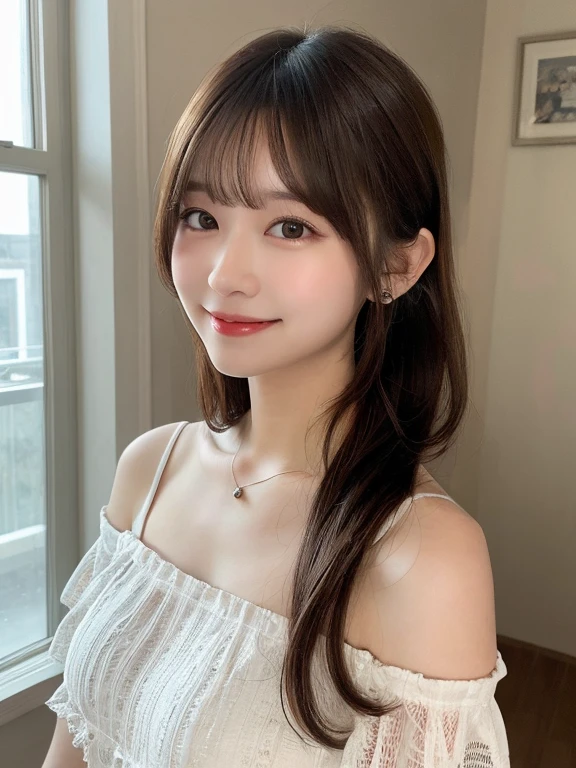 table top, highest quality, shape, Super detailed, finely, High resolution, 8k wallpaper, 完璧なダイナミックな構shape, beautiful and detailed eyes, classy and gorgeous winter dress,straight hair,,natural color lip,smile,20 year old girl、cute、sexy looking at camera,Always blur the background,perfect and beautiful face,Take only the face,beautiful and detailed face、slim face and style、Big eyes、Elegant face、beautiful and detailed face、KPOP idol face、Japanese idol faces、Big eyes、Party venue on the top floor of a high-rise hotel、background is blurry、Take a full body photo